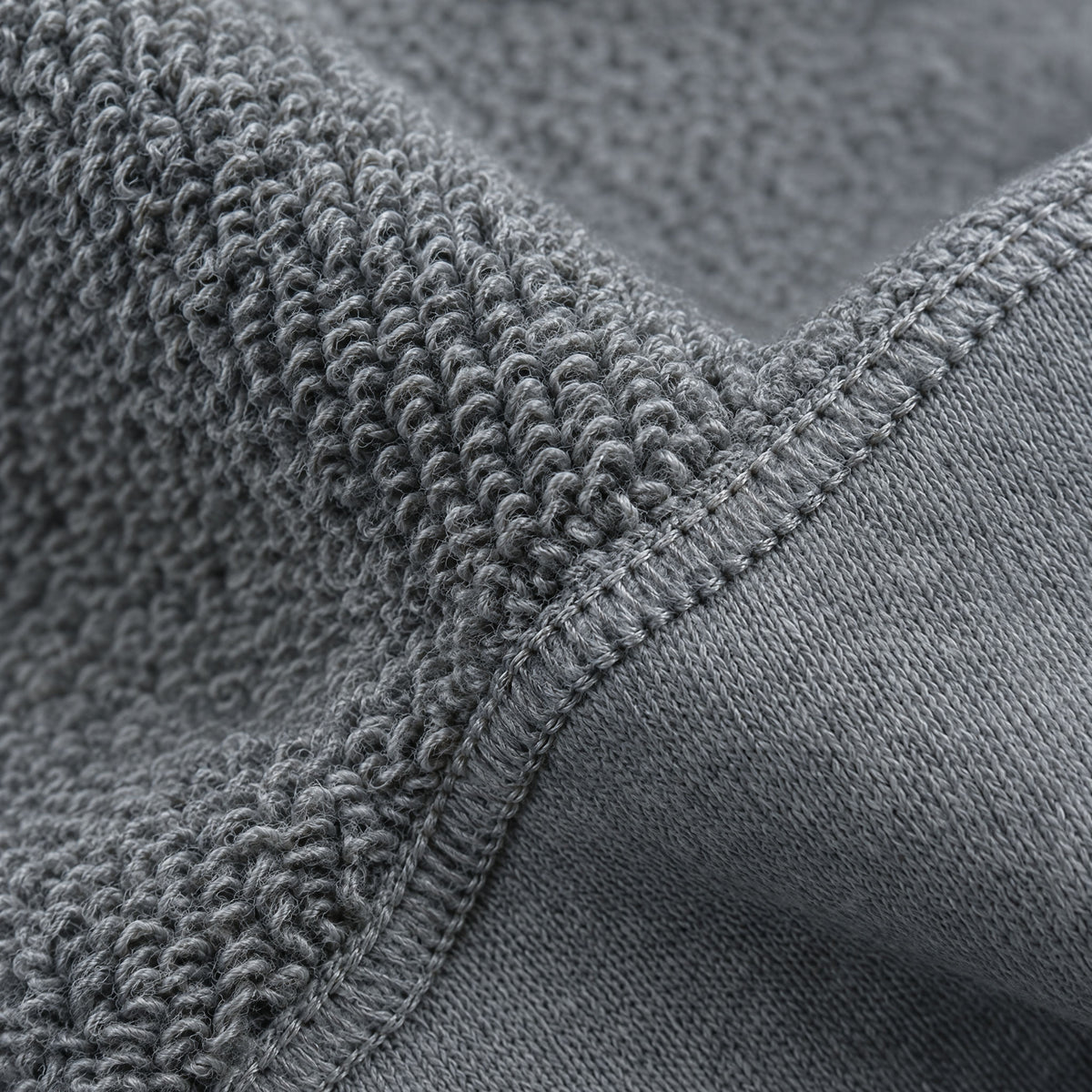 Lot 001 loopback french terry, macro detail with single-needle seam