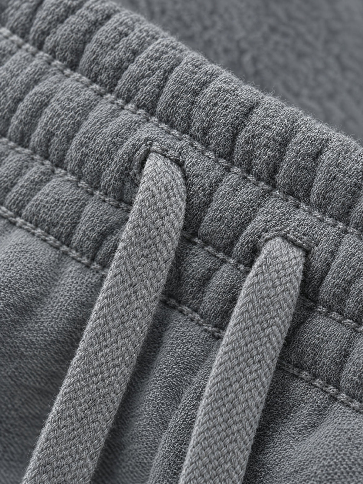 Lot 001 sweatpant waistband and flat drawcord, macro detail